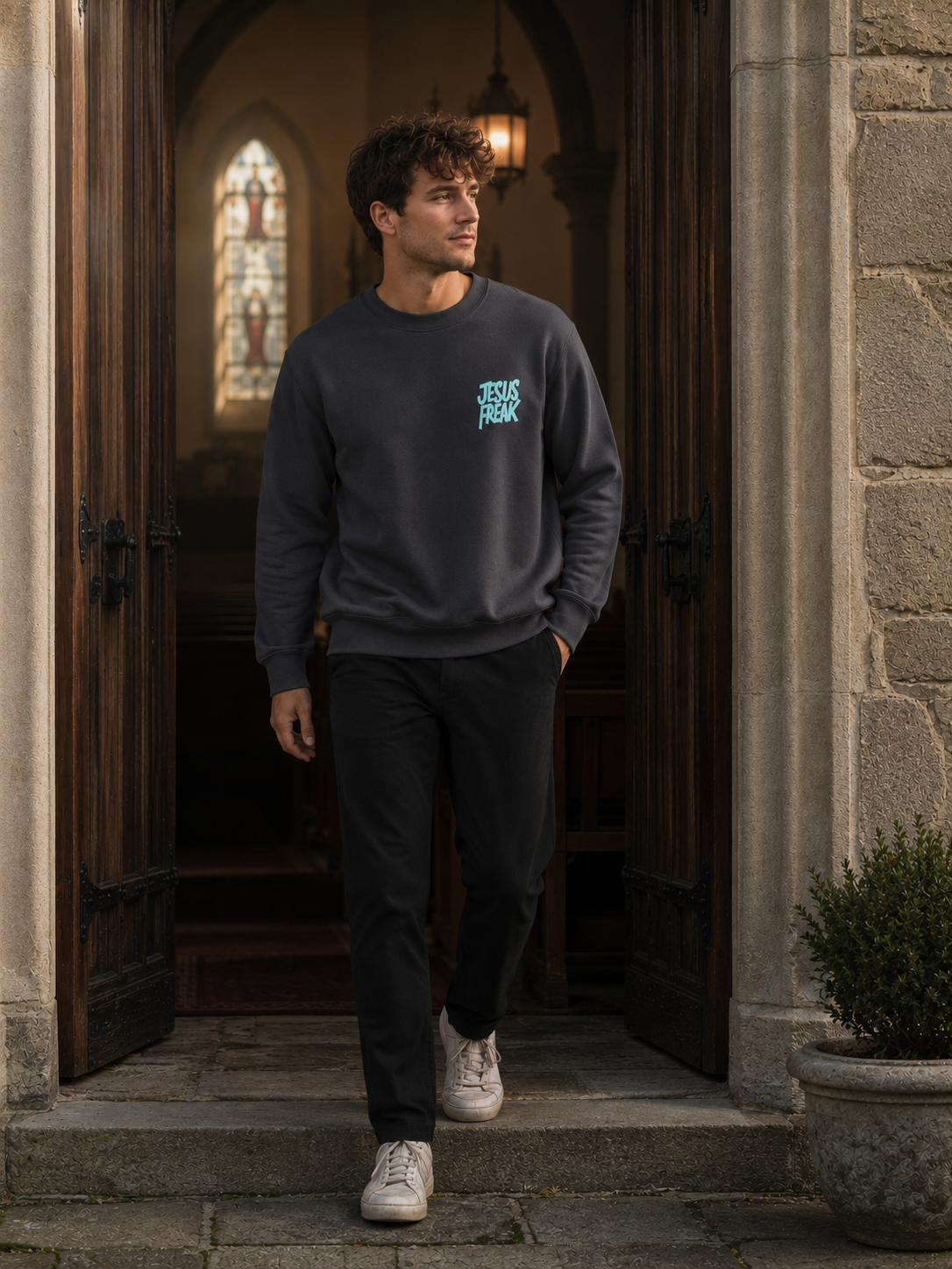 Jesus Freak Sweatshirt Christian hoodie, church doorway lifestyle shot | Face of Faith faith apparel