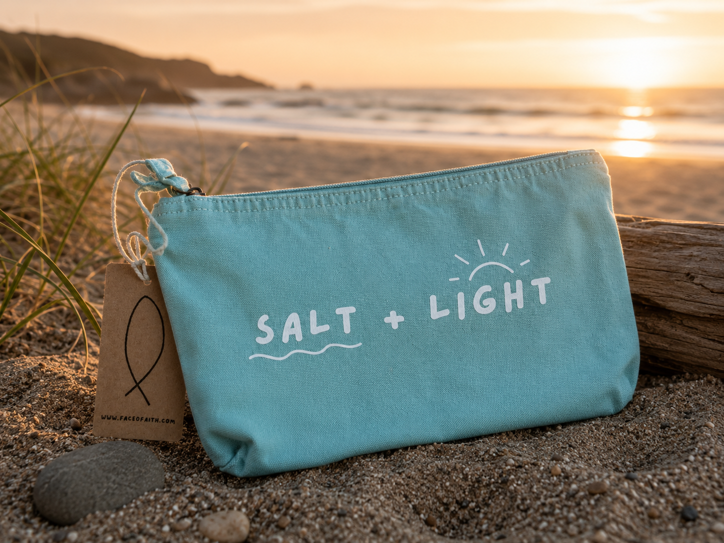 Salt + Light Accessories Pouch Christian accessory pouch, beach lifestyle shot | Face of Faith faith apparel