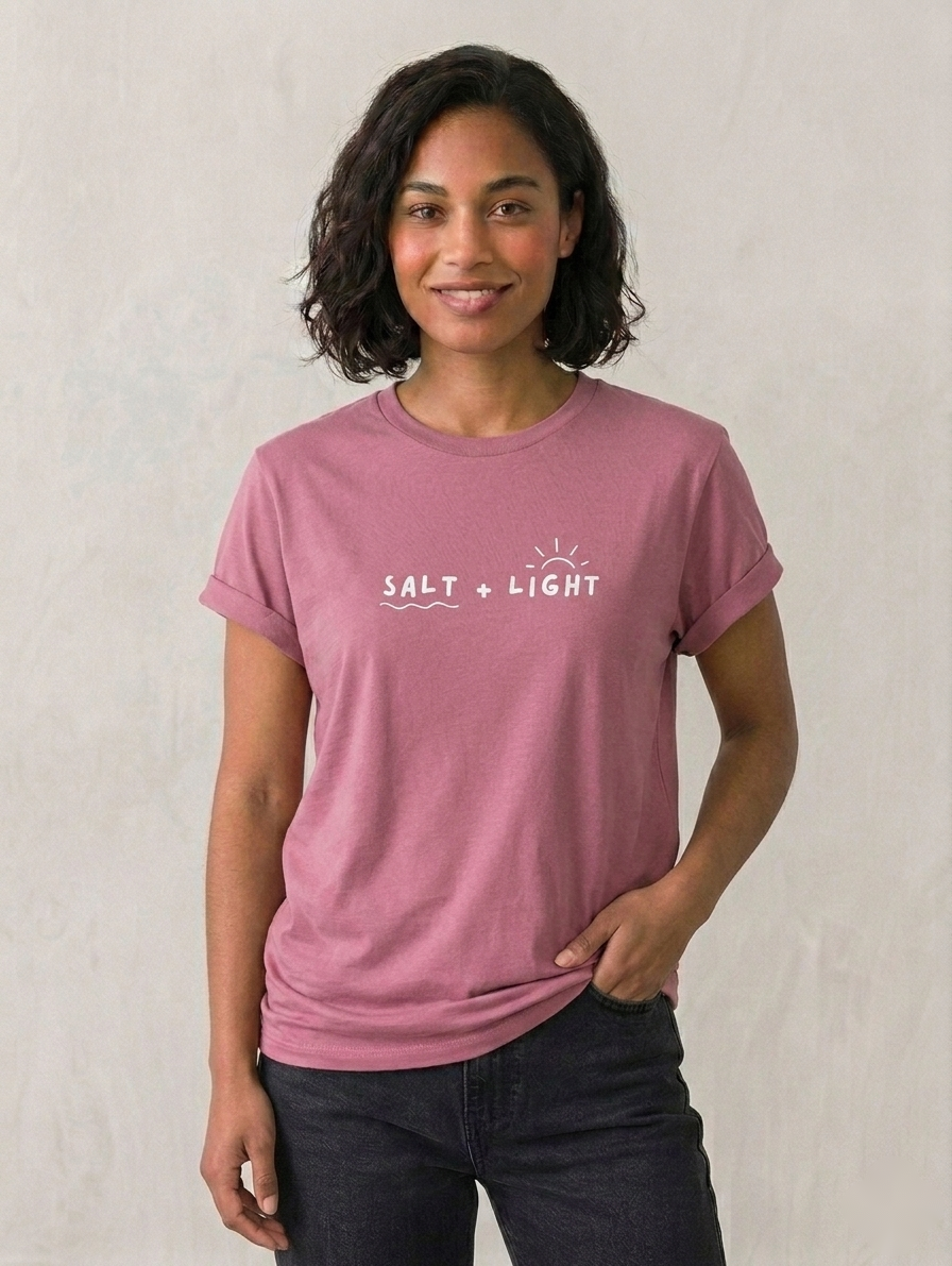 Salt + Light Women's T-Shirt Christian t-shirt, on model | Face of Faith faith apparel
