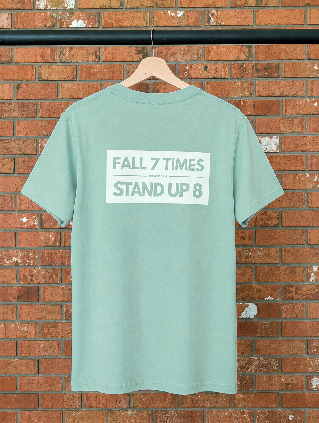 Fall 7 Times Stand Up 8 T-Shirt Christian t-shirt, back print detail | Face of Faith faith apparel