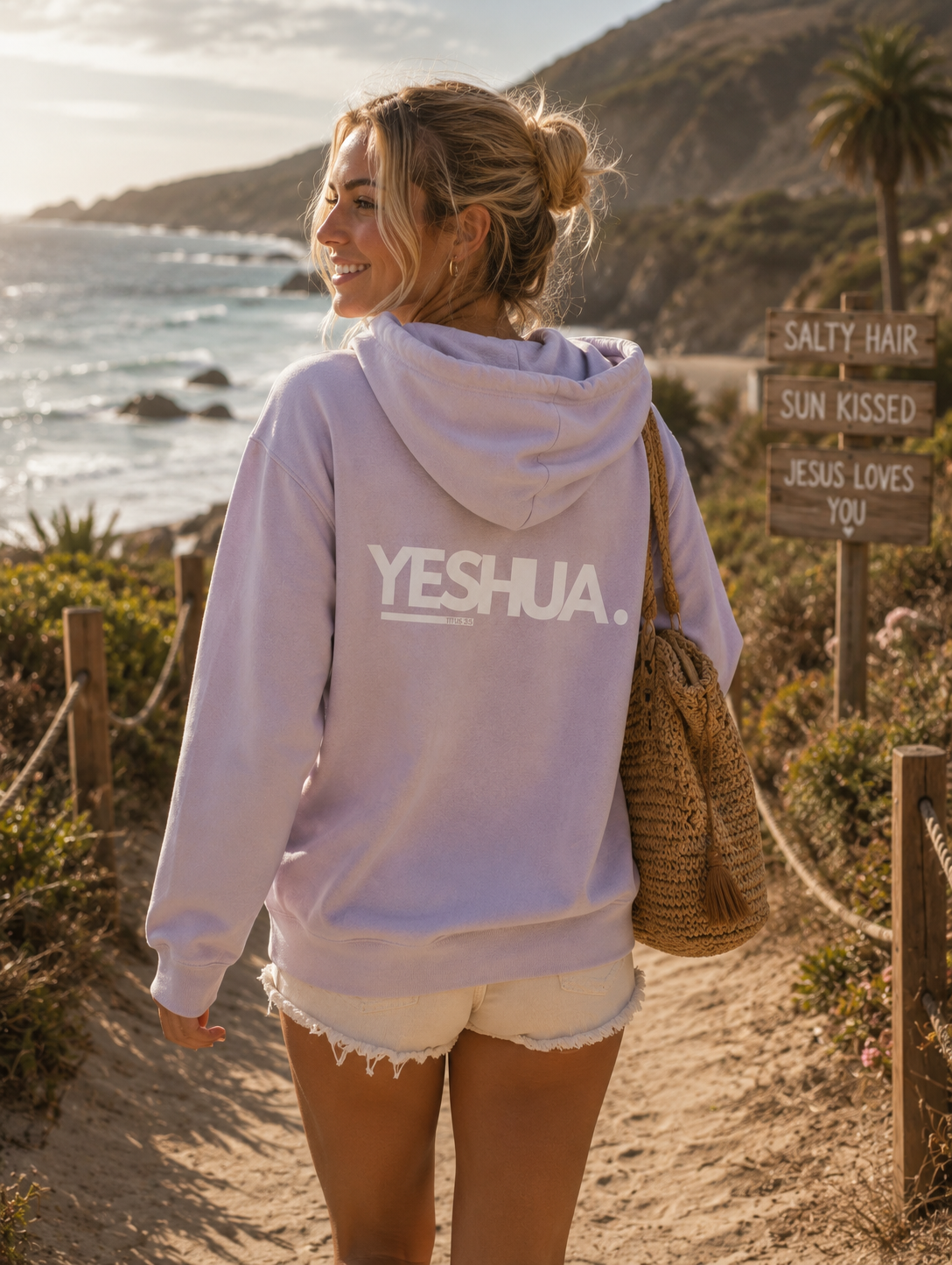 Yeshua Unisex Hoodie Christian hoodie, beach lifestyle shot | Face of Faith faith apparel