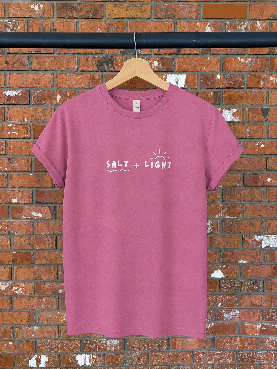 Salt + Light Women's T-Shirt Christian t-shirt, hanger view | Face of Faith faith apparel