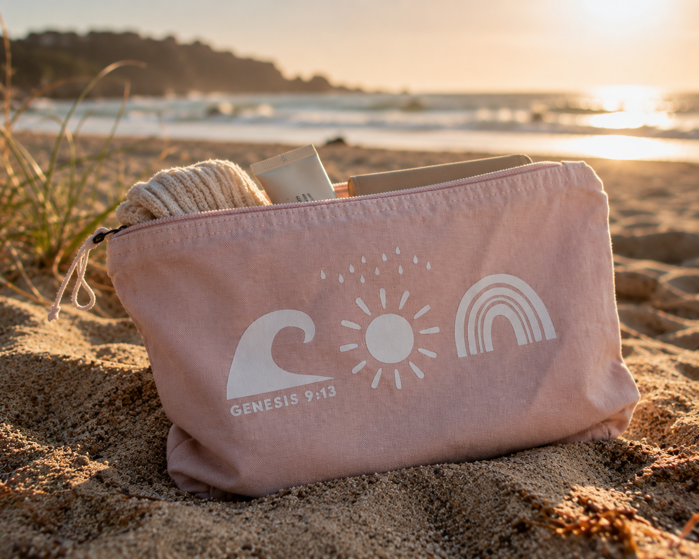 Noah's Promise Accessories Pouch Christian accessory pouch, beach lifestyle shot | Face of Faith faith apparel
