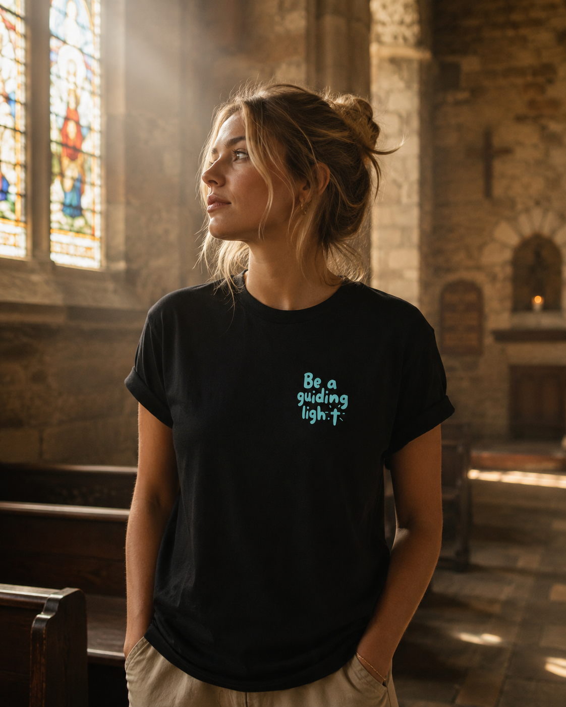 Be A Guiding Light Women's T-Shirt Christian t-shirt, church doorway lifestyle shot | Face of Faith faith apparel