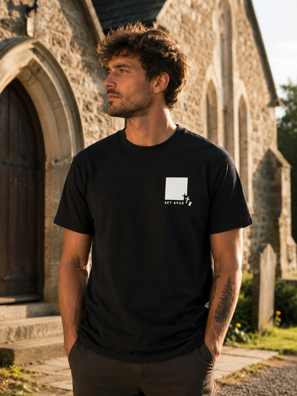 Set Apart T-Shirt Christian t-shirt, church doorway lifestyle shot | Face of Faith faith apparel