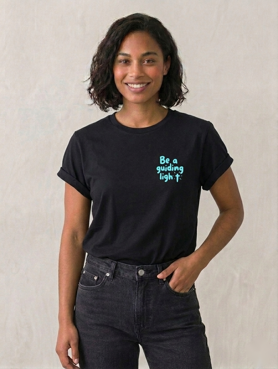 Be A Guiding Light Women's T-Shirt Christian t-shirt, on model | Face of Faith faith apparel