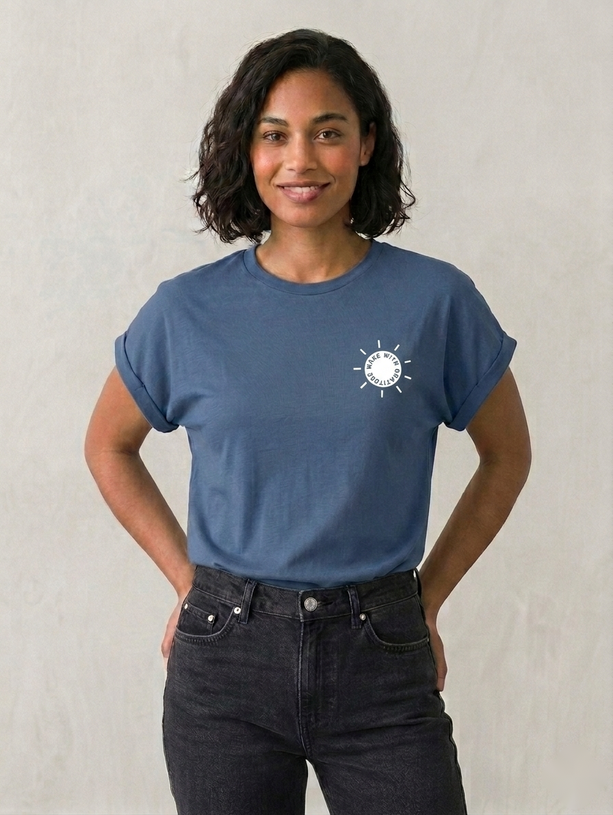 Wake With Gratitude Women's T-Shirt Christian t-shirt, on model | Face of Faith faith apparel
