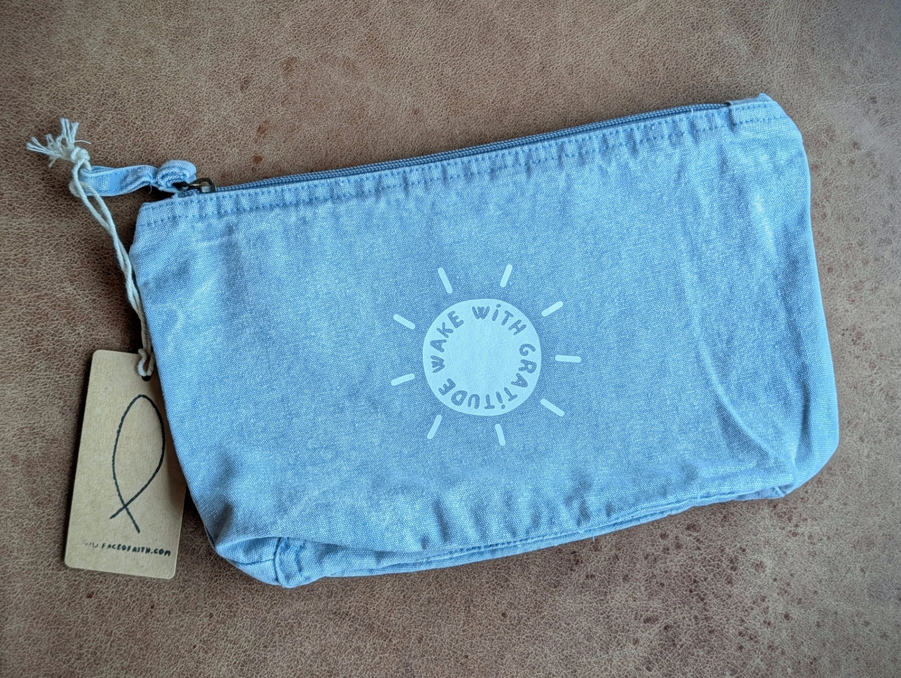 Wake With Gratitude Accessories Pouch Christian accessory pouch, view 1 | Face of Faith faith apparel