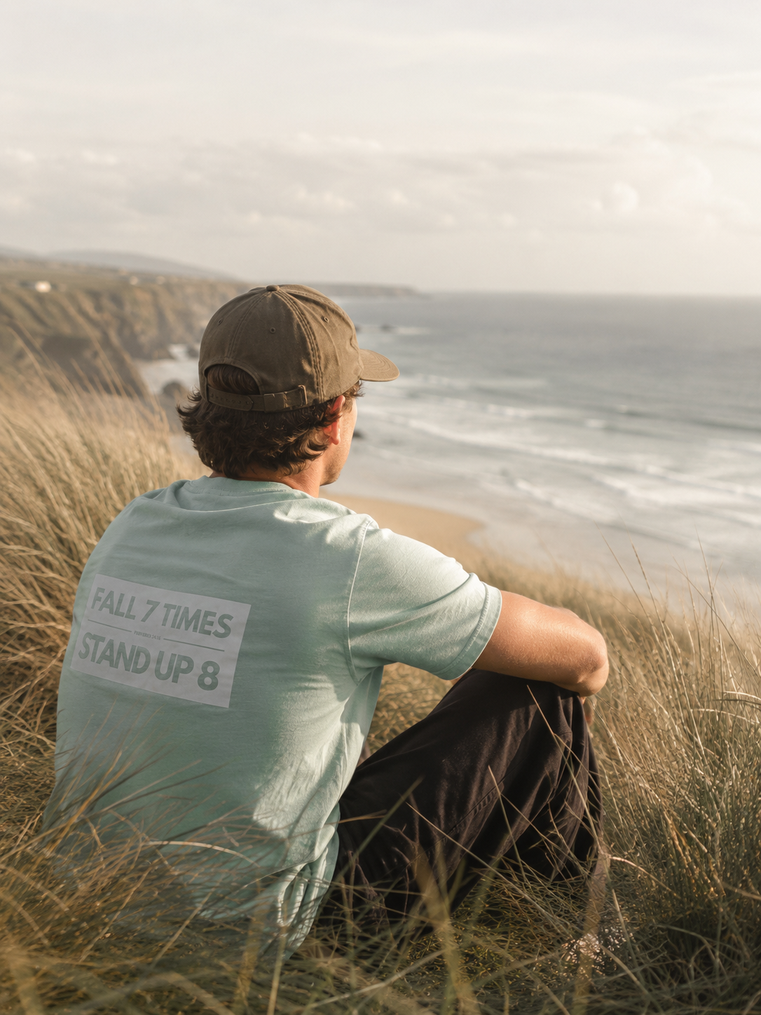 Fall 7 Times Stand Up 8 T-Shirt Christian t-shirt, beach lifestyle shot | Face of Faith faith apparel
