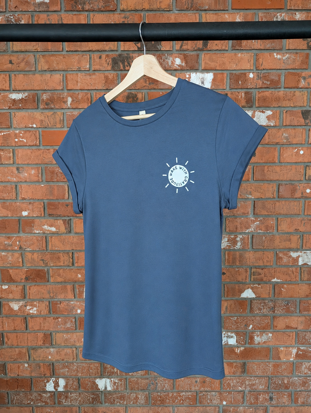 Wake With Gratitude Women's T-Shirt Christian t-shirt, hanger view | Face of Faith faith apparel