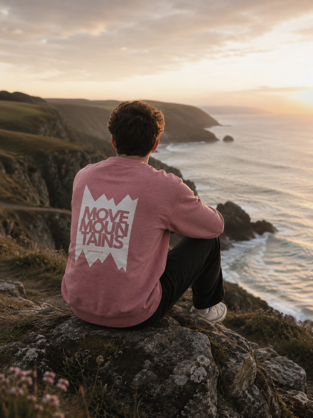 Move Mountains Unisex Jumper Christian hoodie, beach lifestyle shot | Face of Faith faith apparel