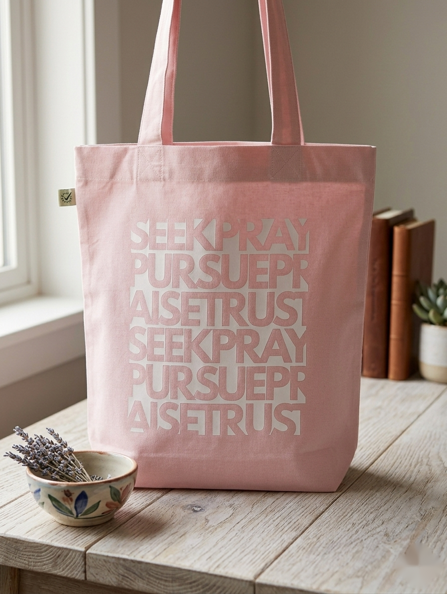 Seek Pray Pursue Tote Bag Christian tote bag, view 1 | Face of Faith faith apparel