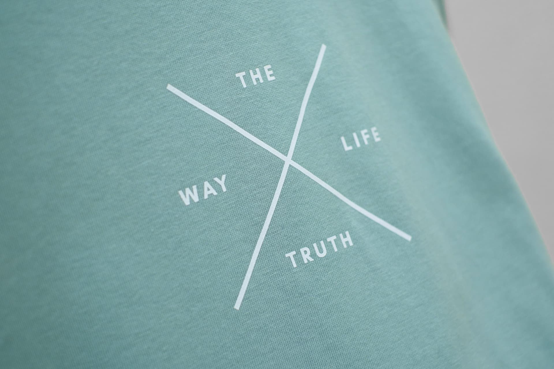 The Way, The Truth, The Life T-Shirt Christian t-shirt, close-up print detail | Face of Faith faith apparel
