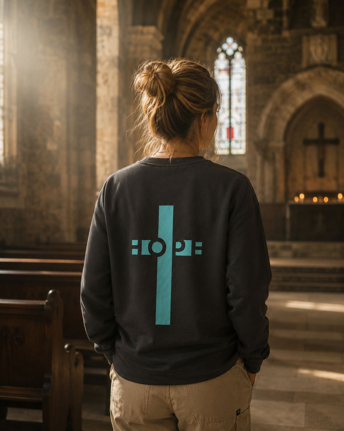 Hope Jumper Christian hoodie, church doorway lifestyle shot | Face of Faith faith apparel