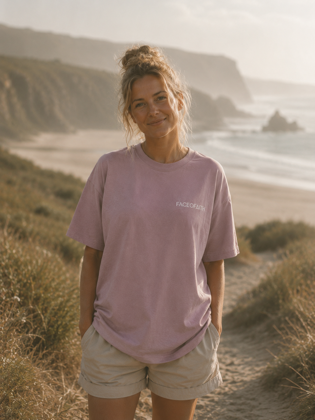 Faceofaith Oversized T-Shirt Christian t-shirt, beach lifestyle shot | Face of Faith faith apparel