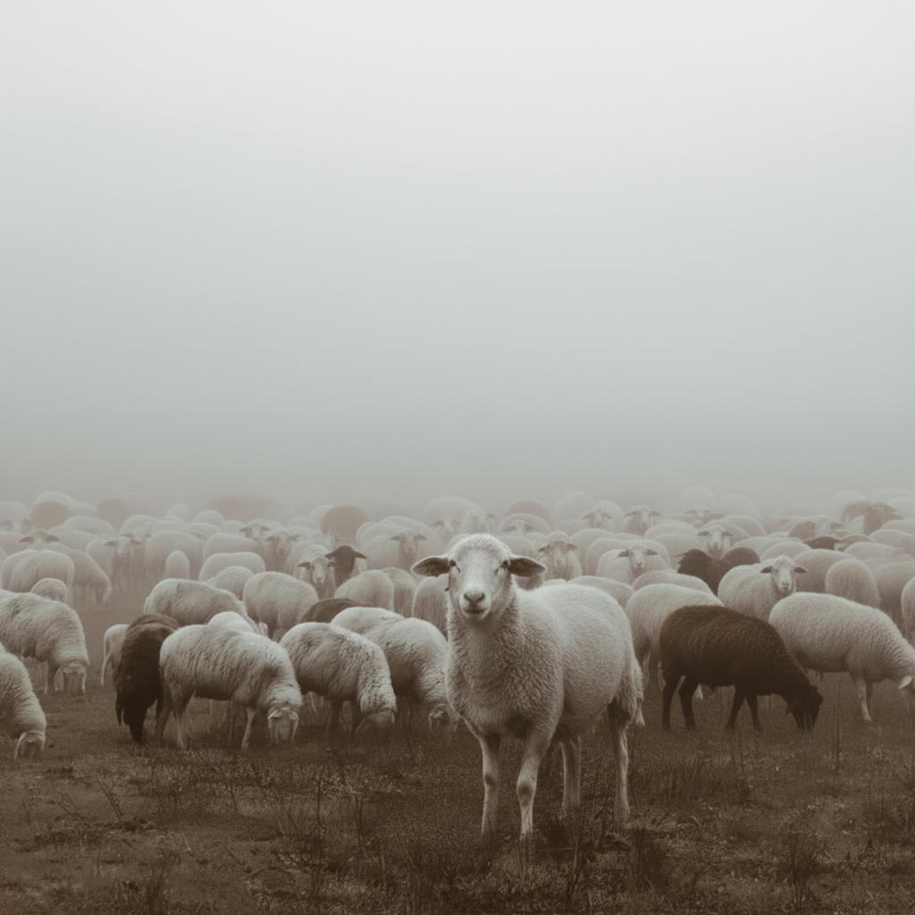 Flock of sheep in misty field, symbol of Christ the Good Shepherd