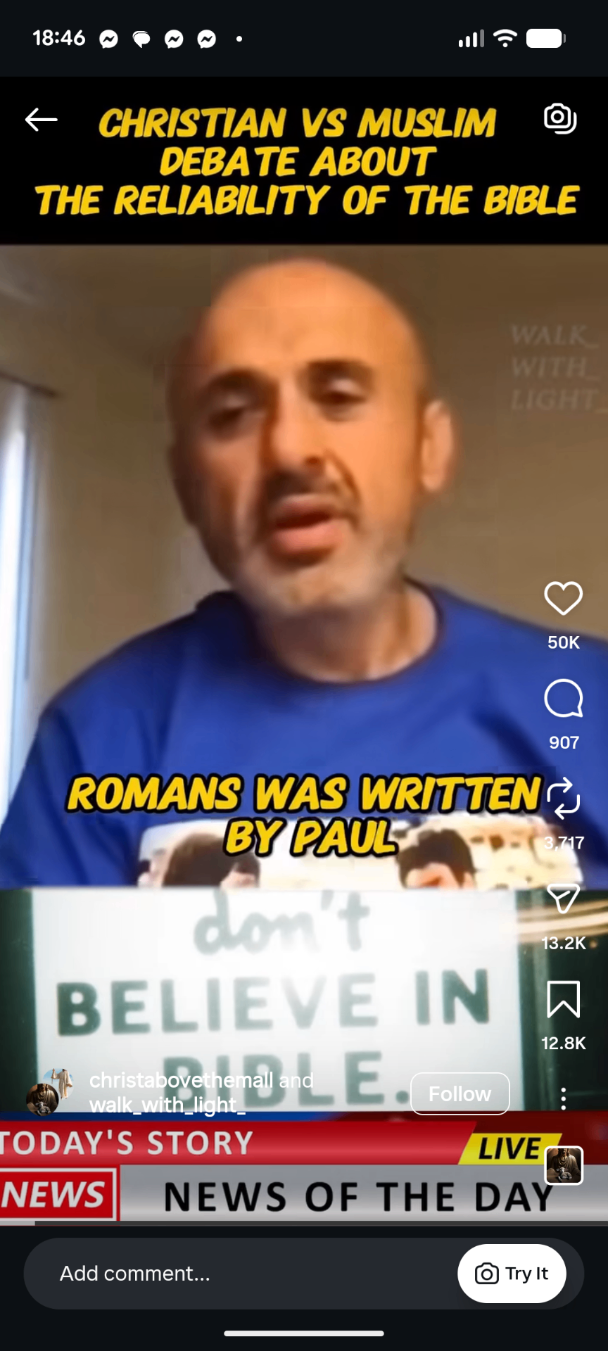 Instagram Reel, Christian debates Muslim on the reliability of the Bible