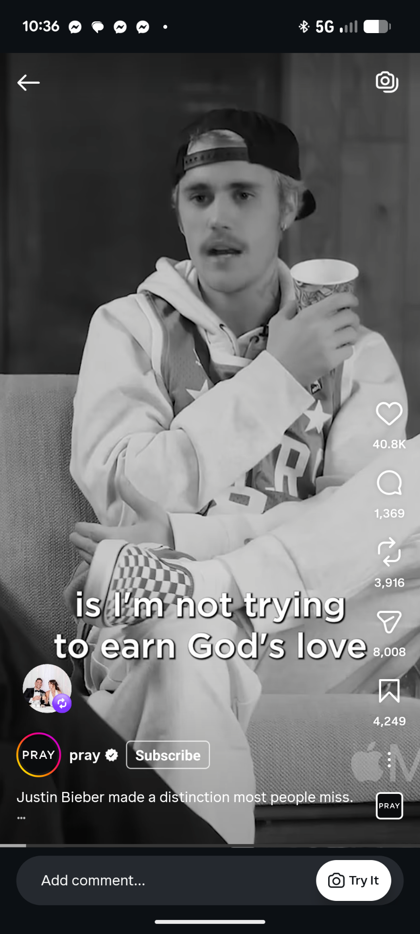 Instagram Reel, Justin Bieber talks about God